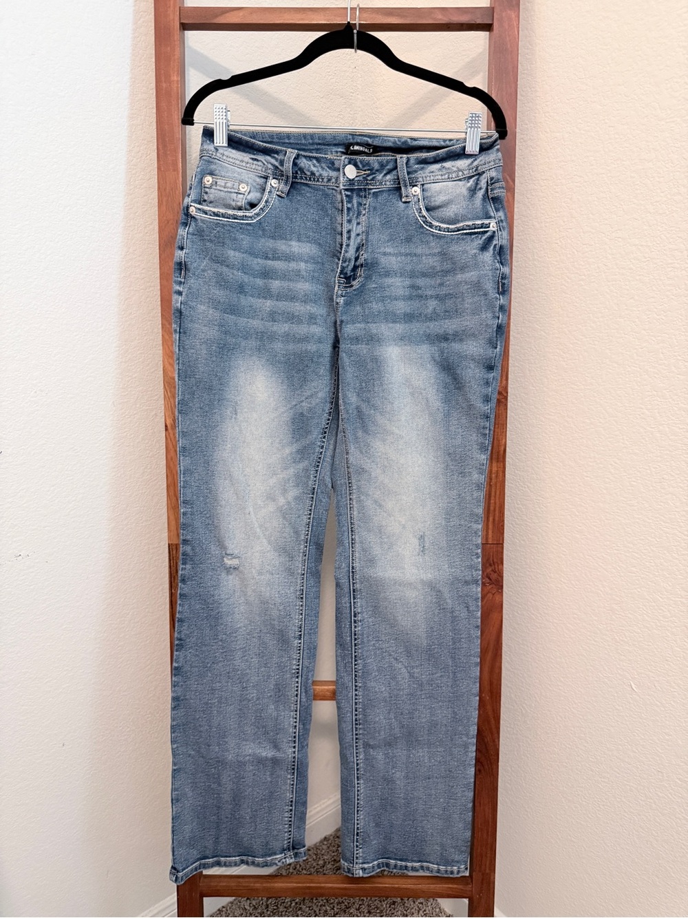 Flamingals Faded Straight Leg Jeans Light Wash Distressed Denim with Embroidery